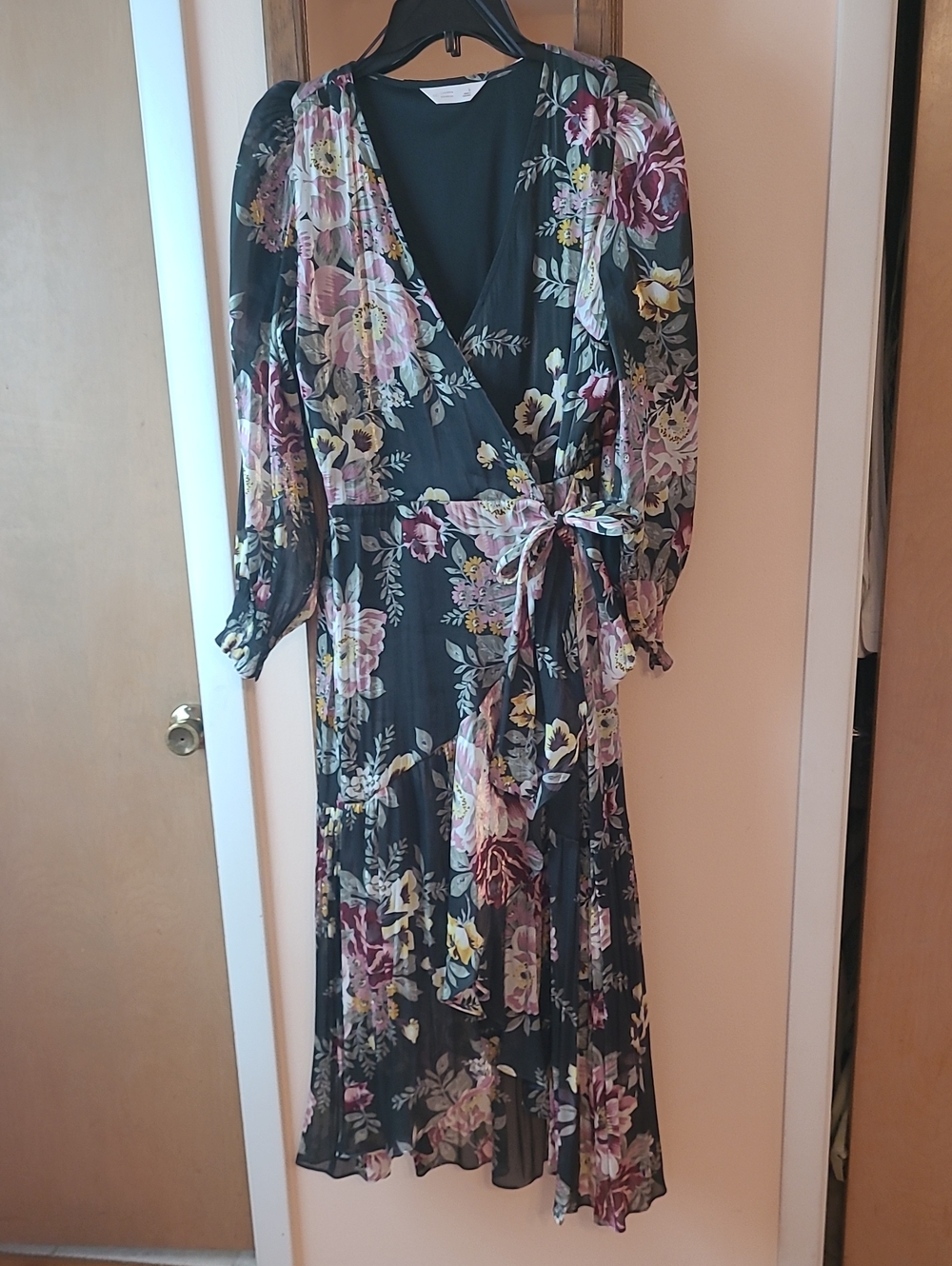 LC Lauren Conrad Black Floral Wrap Midi Dress with Pink and Yellow Blooms